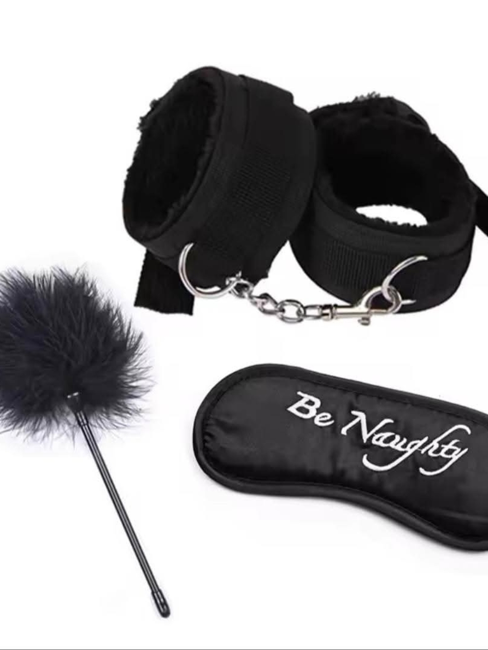 Black 'Be Naughty' Eye Mask, Plush Cuffs & Feather Tickler Set